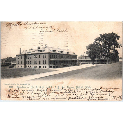 Quarters of Co A & H and E & B Fort Wayne Detroit MI - Original Postcard TJ7-RP1