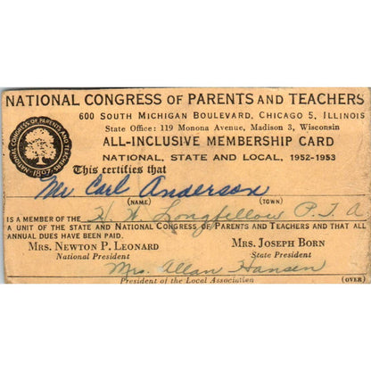 1952 National Congress of Parents & Teachers Membership Card HW Longfellow SE5-2