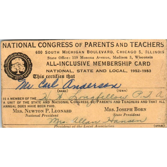 1952 National Congress of Parents & Teachers Membership Card HW Longfellow SE5-2