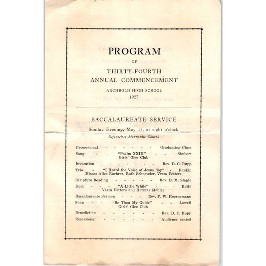 1927 Original Archbold High School 34th Annual Commencement Program AD8