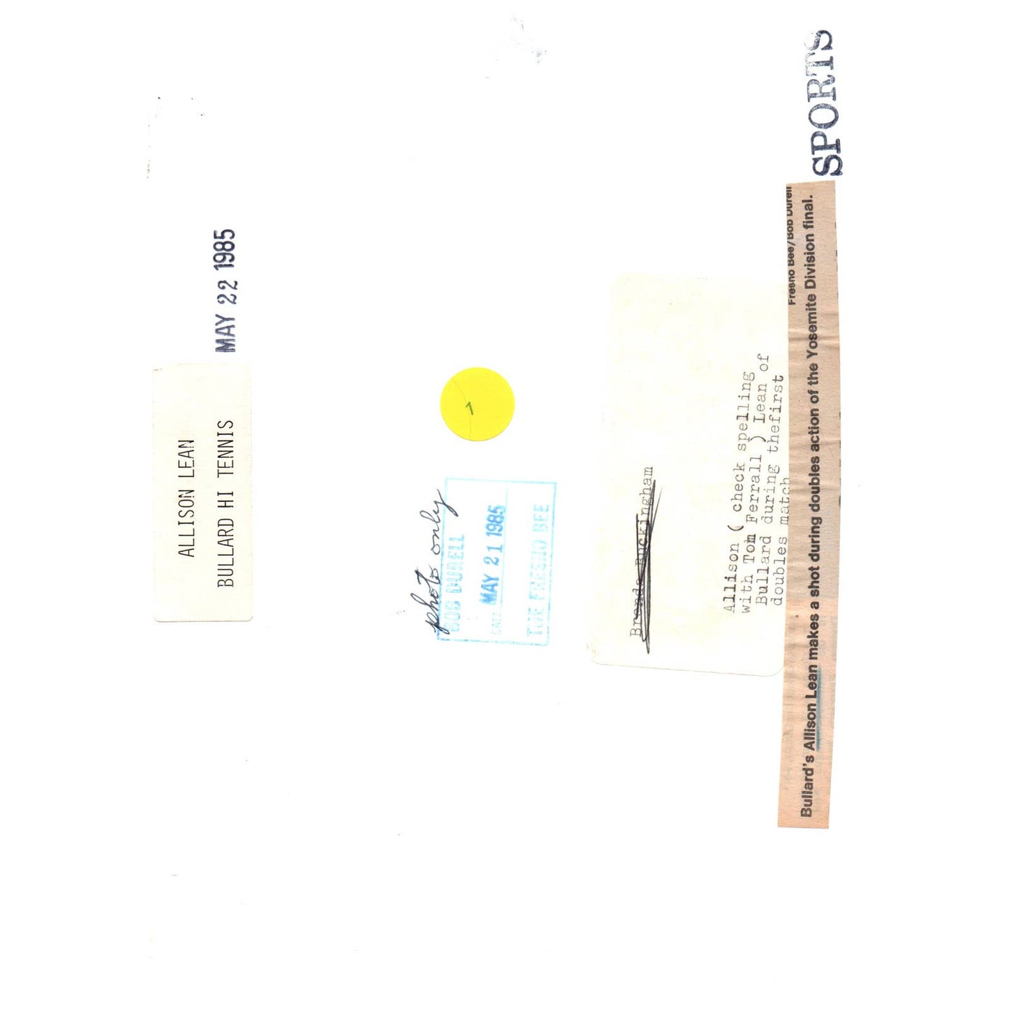 1985 Original Press Photo Women's Tennis Allison Lean Bullard High ~8x10" AD2