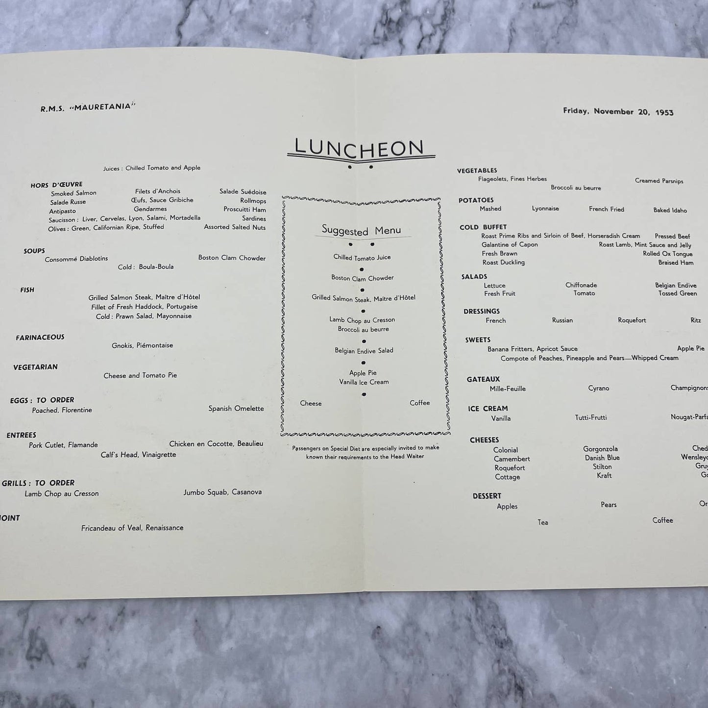 Original 1953 Cunard R.M.S. Mauretania Luncheon Menu Cruise Ship Seahorses TD8