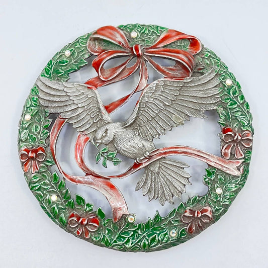 1989 Rawcliffe Pewter Painted Rhinestone Christmas Bird Trivet TF7