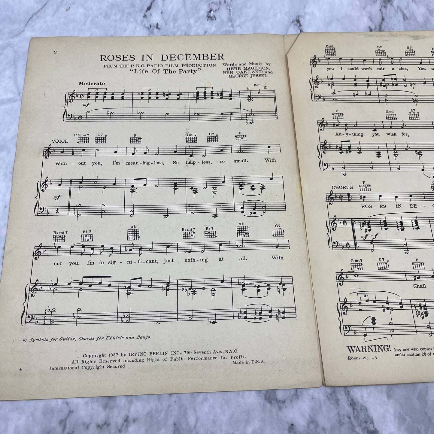 1937 Roses in December Sheet Music Magidson Oakland Jessel TH5