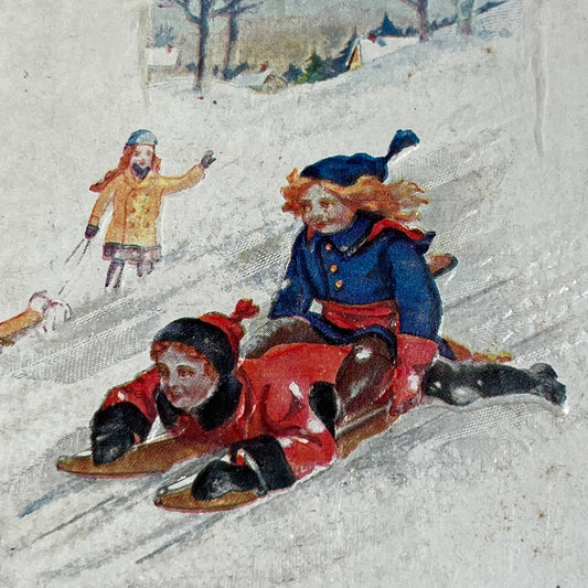 c1910 Children Sledding Skis Poem Holly Merry Christmas Postcard PA2