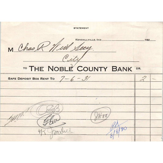 1920s The Noble County Bank Safe Deposit Box Rent Receipt Kendallville IN AD8