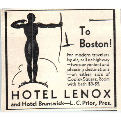 1931 Hotel Lenox & Brunswick Copley Square L.C. Prior Advertisement ~2x2.5 SE6-1