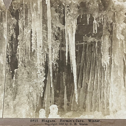 Niagara - Hermit's Cave Winter 1903 C.H. Graves Antique Stereoview Card TJ9-V1