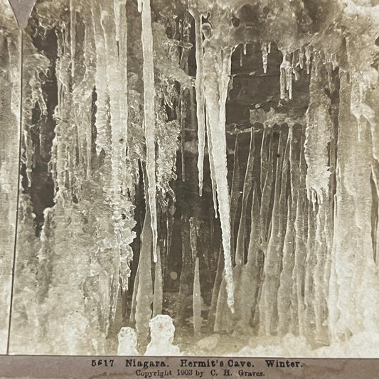 Niagara - Hermit's Cave Winter 1903 C.H. Graves Antique Stereoview Card TJ9-V1