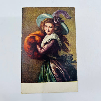 1910s Post Card Victorian Lady Fur Muff Hat Feather Fancy Dress PA6