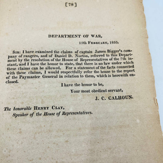RARE 1820 Report of the Secretary of War Memo John C Calhoun to Henry Clay EA1