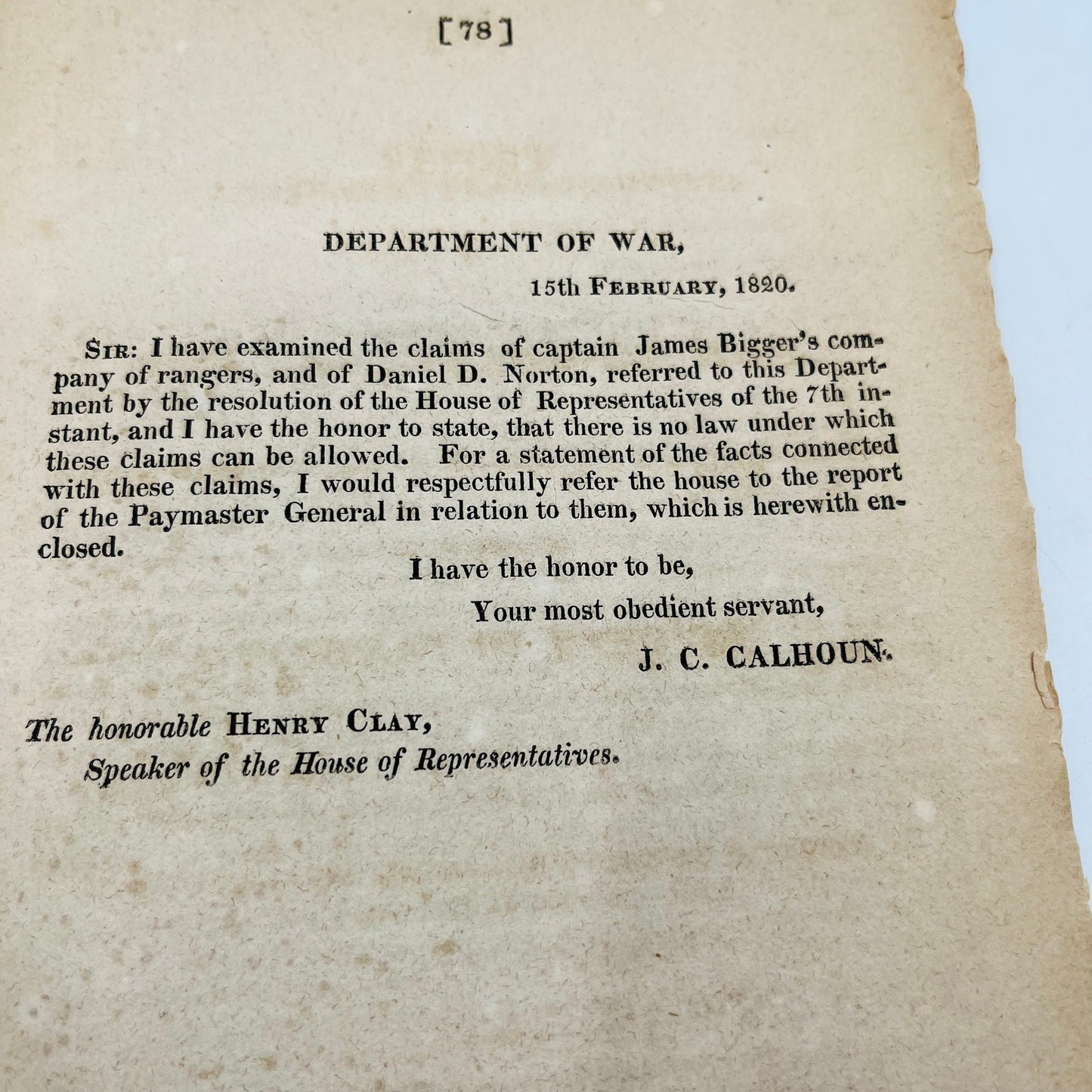 RARE 1820 Report of the Secretary of War Memo John C Calhoun to Henry Clay L2-3