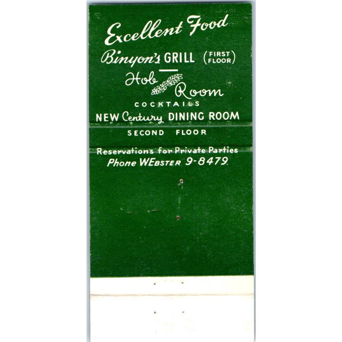 Binyon's Grill Hob Room Plymouth Court Chicago Advertising Matchbook MM9-6