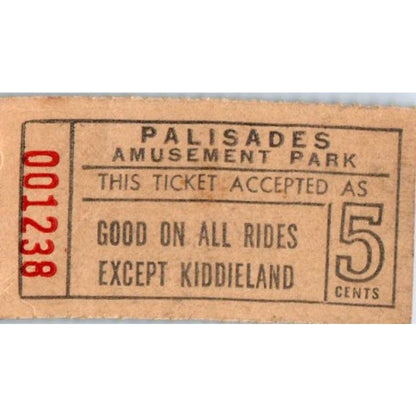 Vintage Palisades Amusement Park 5 Cent Ticket Stub SE5
