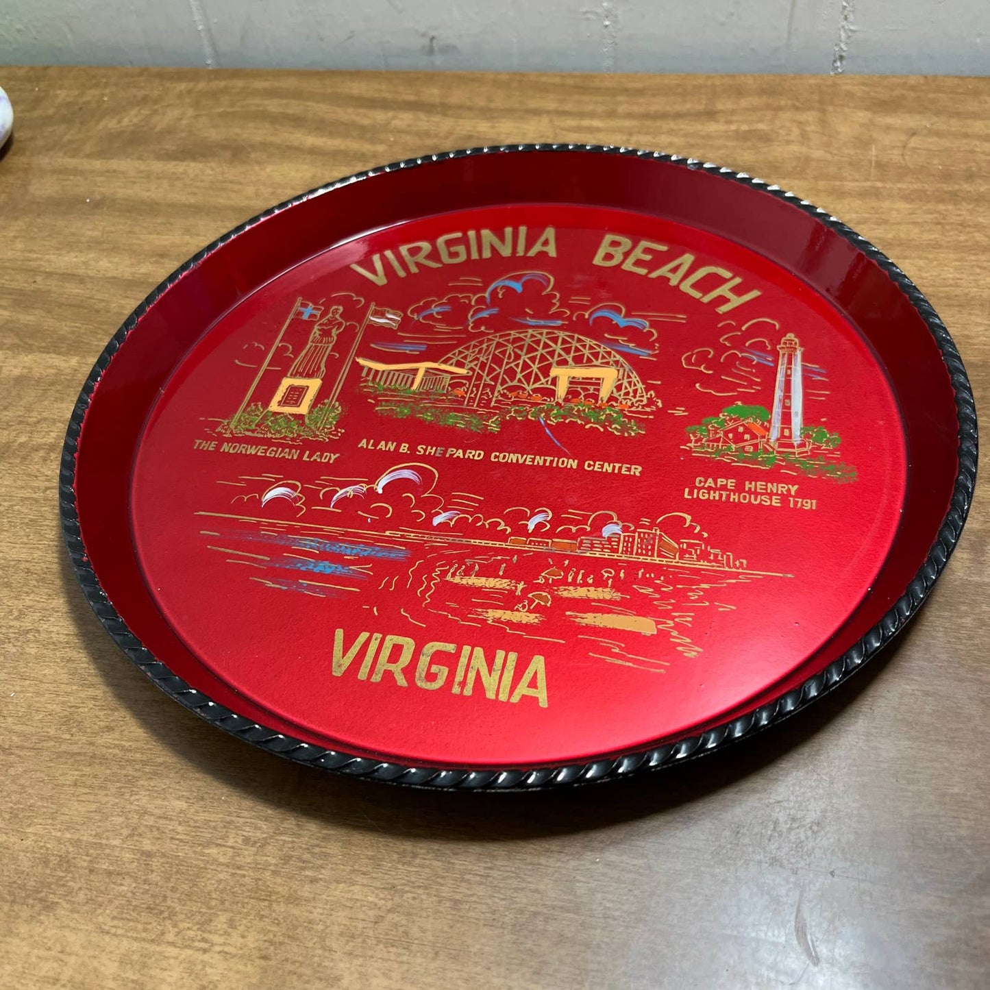 Vtg Red Hand Painted Acrylic State Souvenir Plate Tray Virginia Beach VA 10” TG7