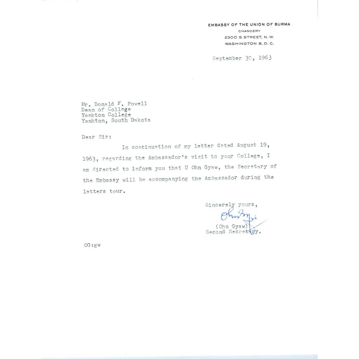 Embassy of the Union of Burma Official Letterhead Memo Ohn Gyaw 9/30/63 B9