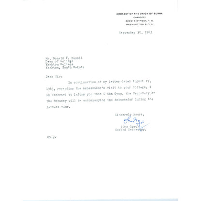 Embassy of the Union of Burma Official Letterhead Memo Ohn Gyaw 9/30/63 B9