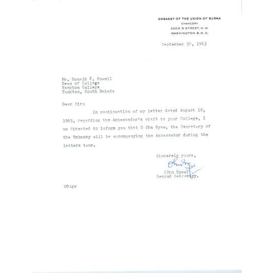 Embassy of the Union of Burma Official Letterhead Memo Ohn Gyaw 9/30/63 B9