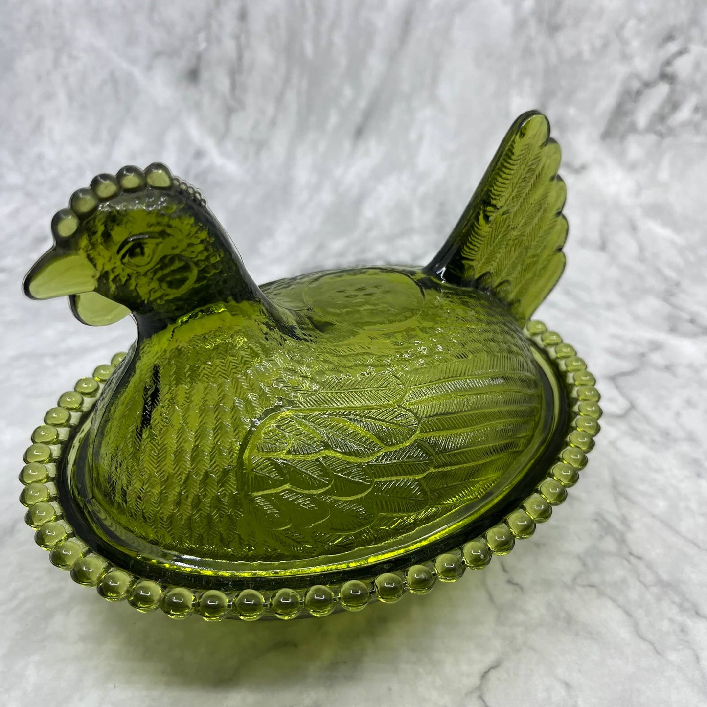 Vintage Nesting Hen Green Avocado Indiana Glass Hen on Nest Candy Dish ~7x5" TE2