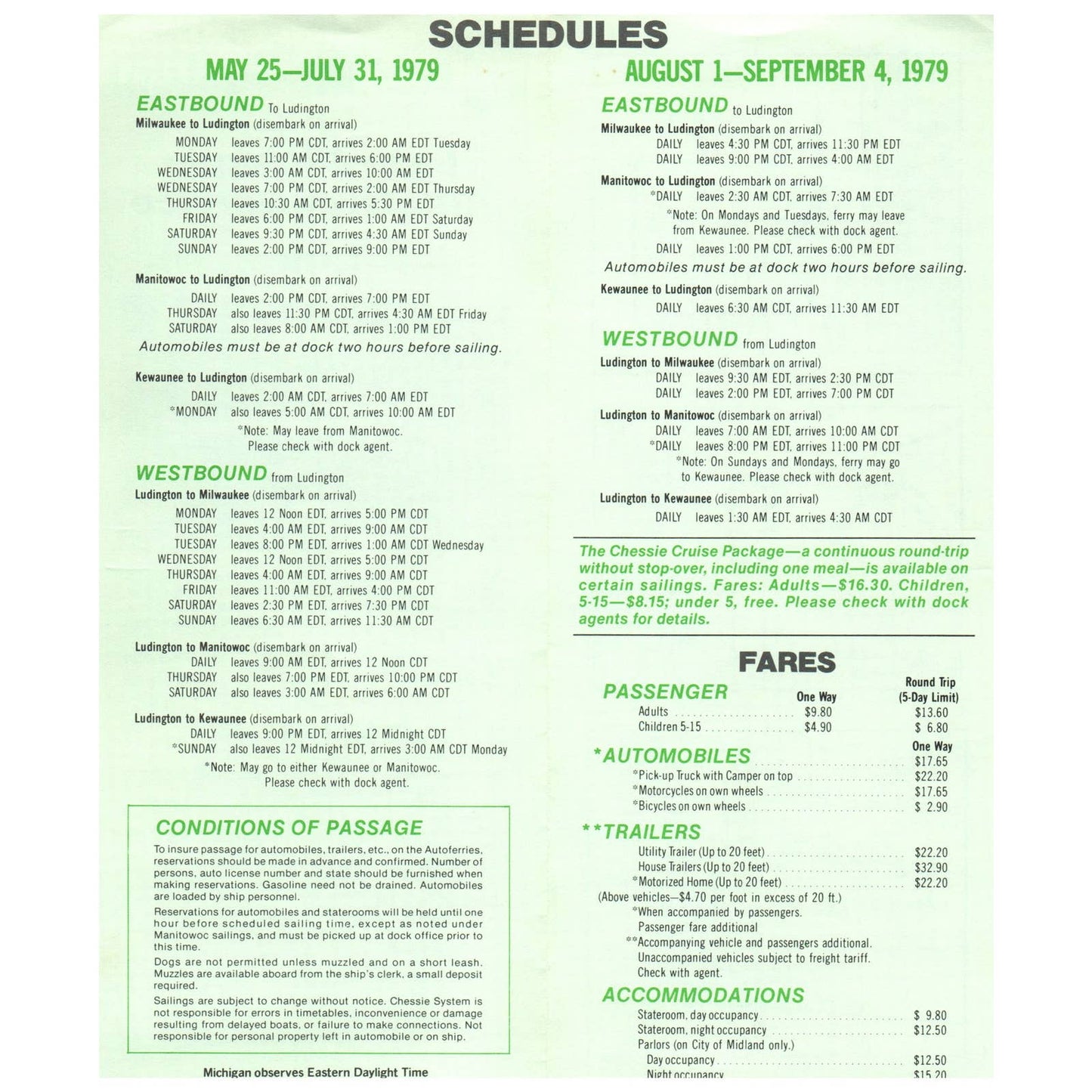 1979 Chessie System Railway Cross Lake Michigan Autoferry Service Brochure SE4