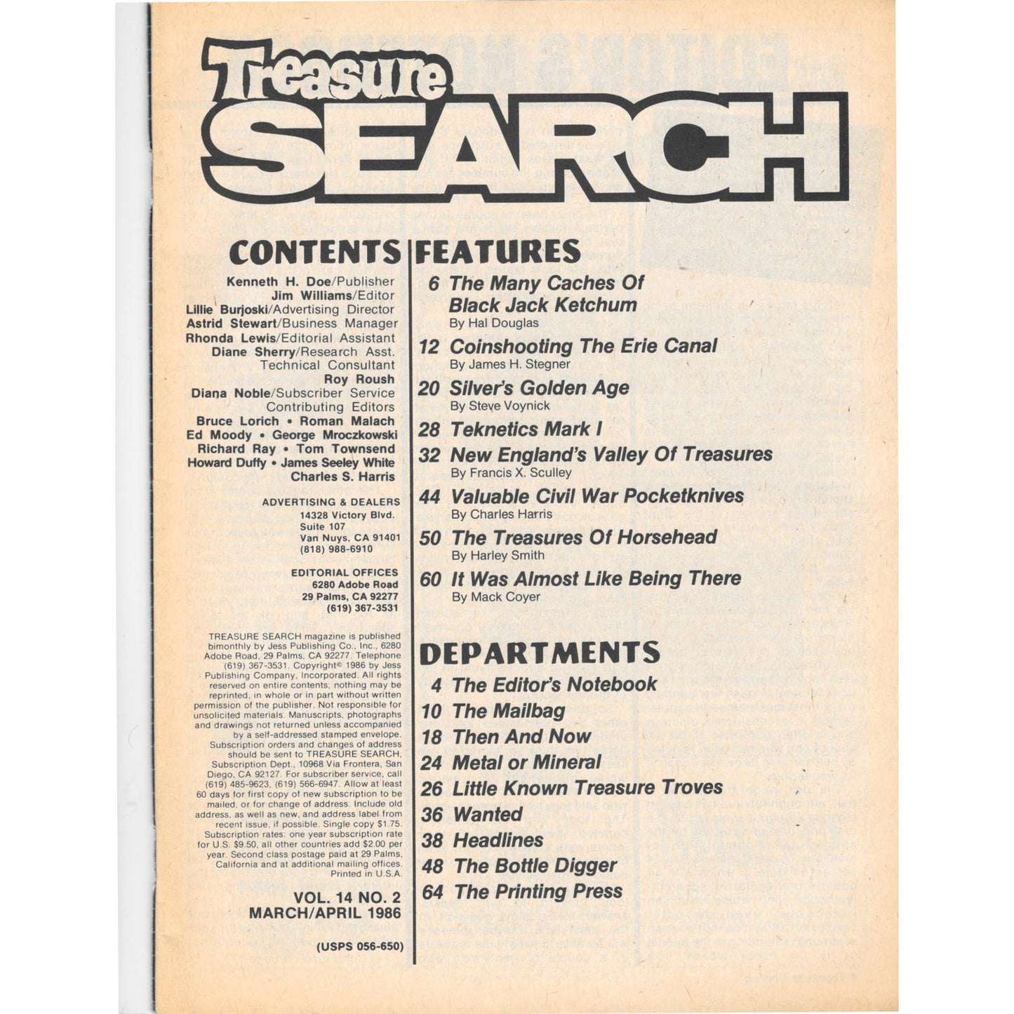 Treasure Search Magazine 1986 March/April Metal Detecting Gold Diamonds M2