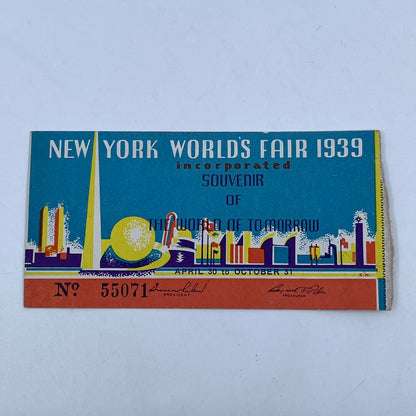 1939 New York Worlds Fair Souvenir Ticket Stub AC1