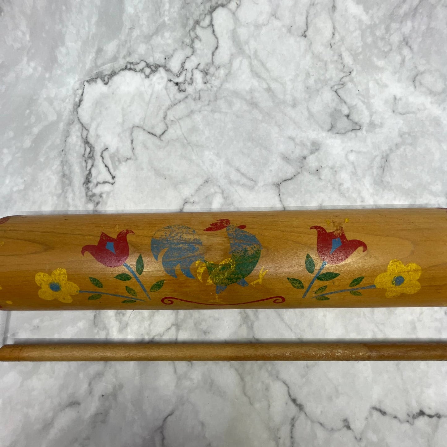 VTG Kitsch Rooster Wood Rolling Pin Kitchen Towel Holder Hand Painted 19" TI7