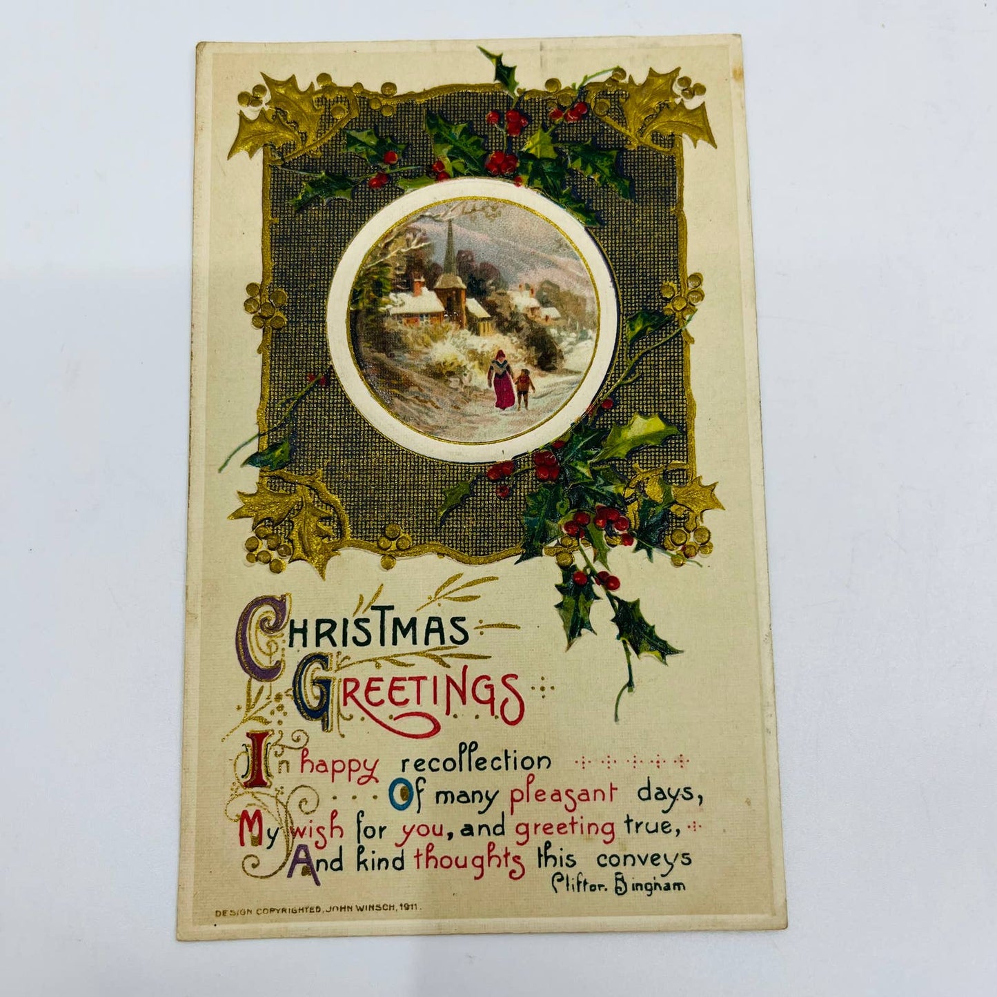 1910s Christmas Post Card WINSCH Back Dresden Church Holly Poem Bingham PA4