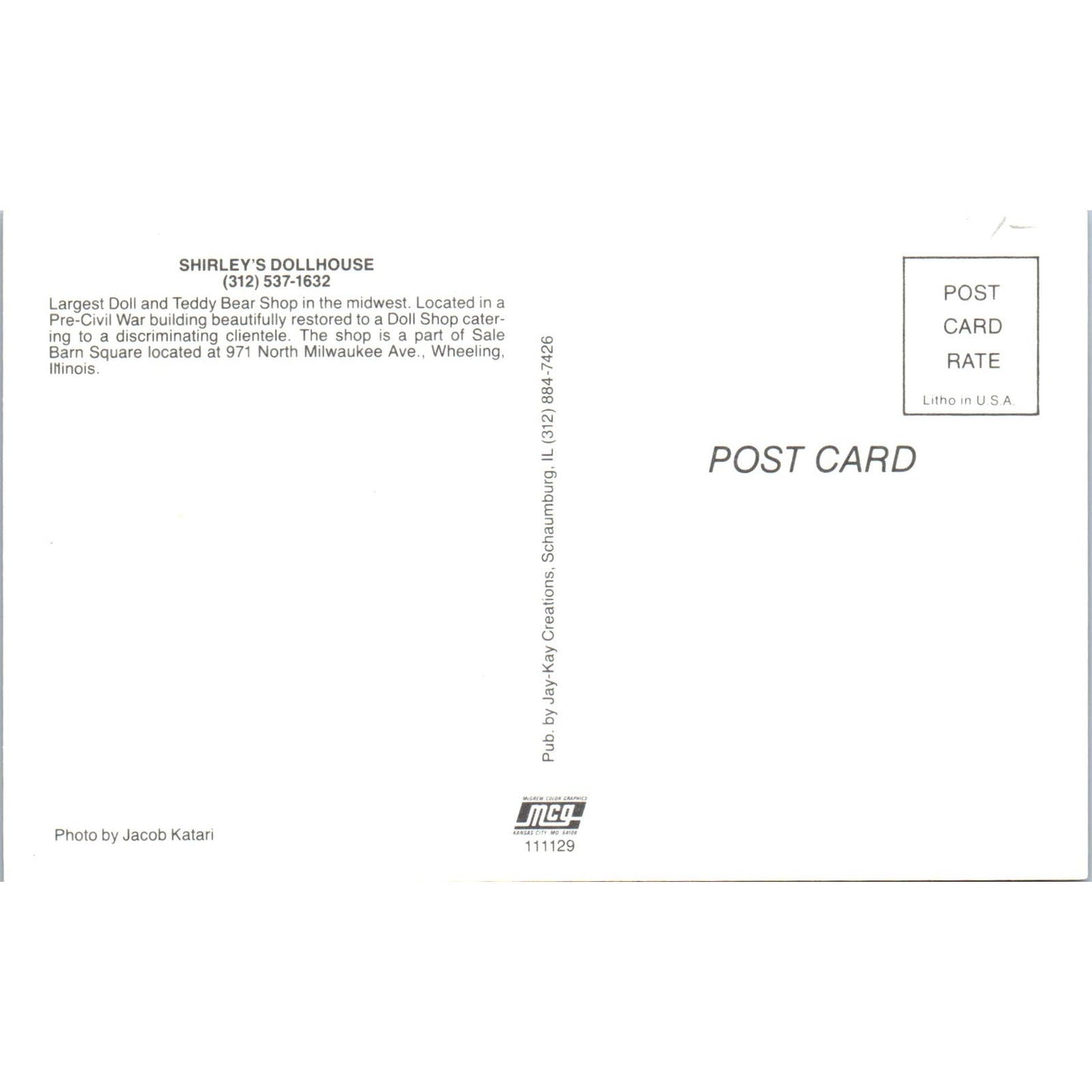 Shirley's Doll House Wheeling Illinois Original Postcard PB8