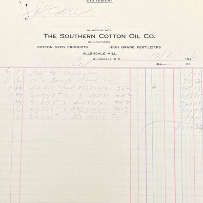 1913 Southern Cotton Oil Company Letterhead Receipt Allendale SC AB9-4