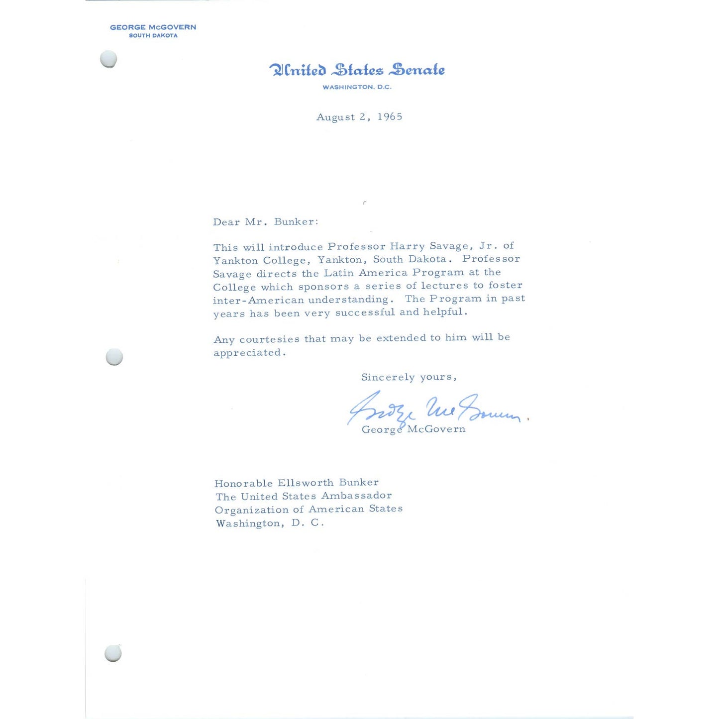 South Dakota Senator George McGovern Official Letterhead Signed Aug 1964 TK1-GM