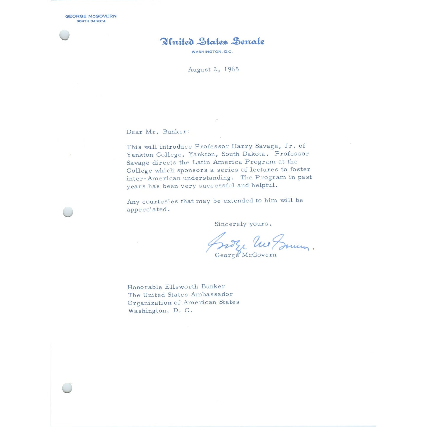 South Dakota Senator George McGovern Official Letterhead Signed Aug 1965 B12