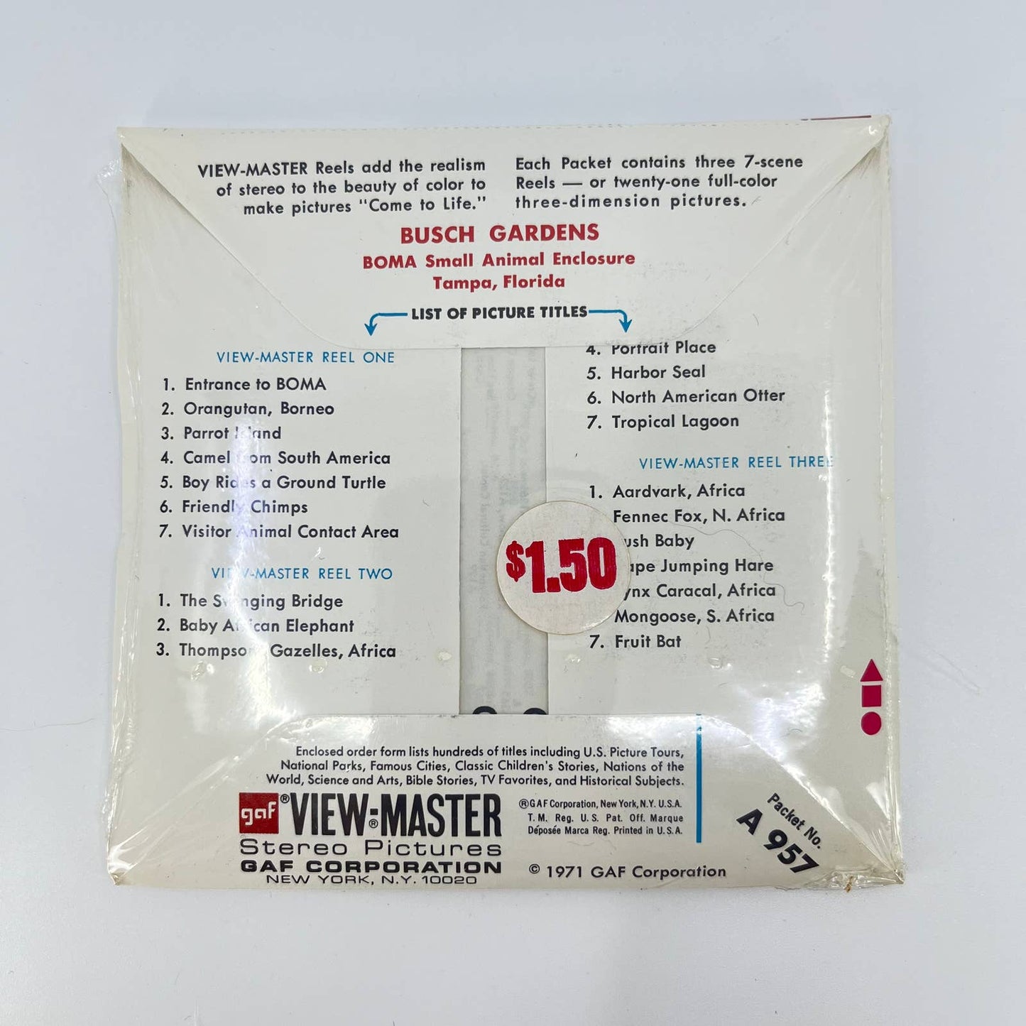 ViewMaster Busch Gardens BOMA Small Animal Florida 3 reel packet A957 SEALED SD2