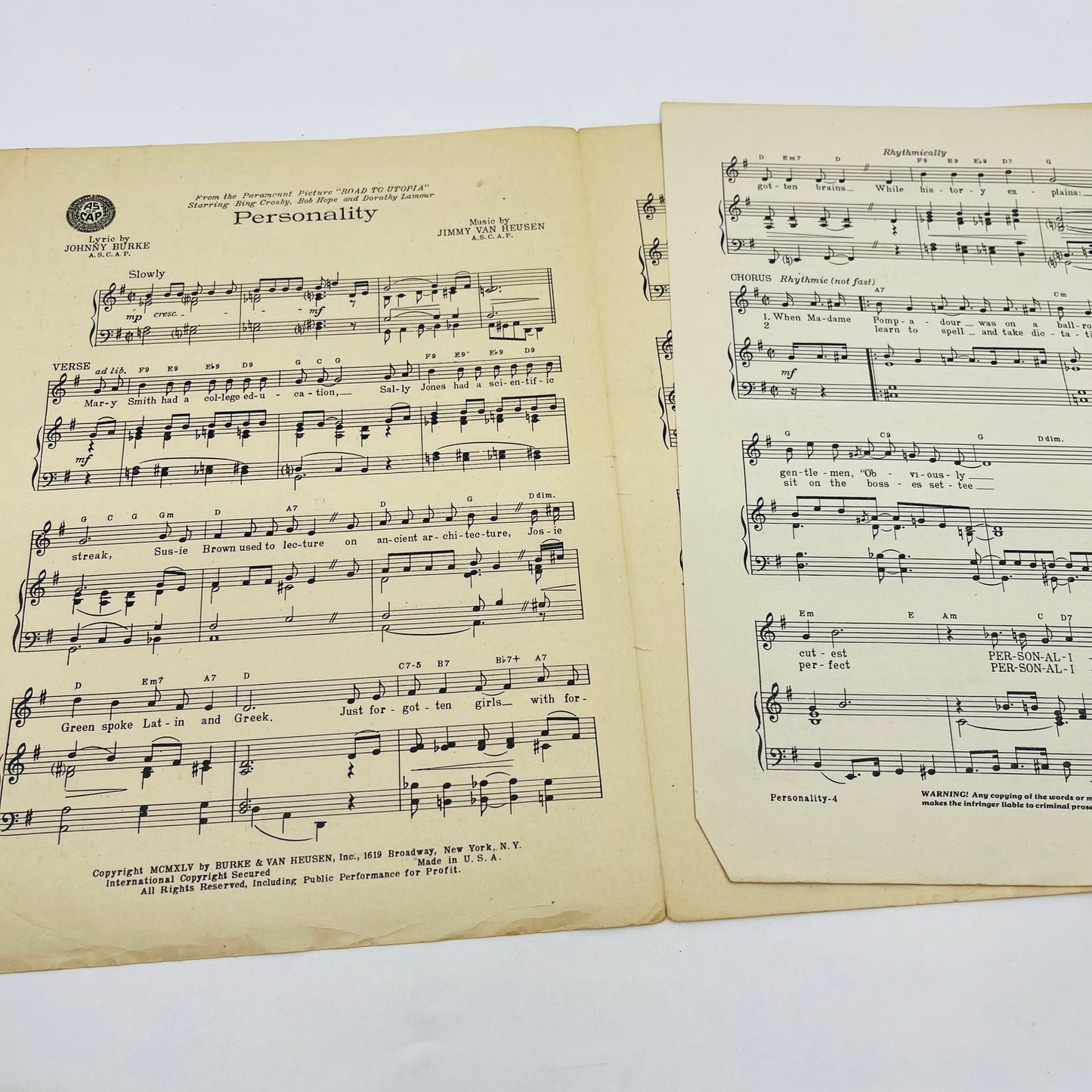 1945 Personality Road to Utopia Bing Crosby Bob Hope Sheet Music V37-4