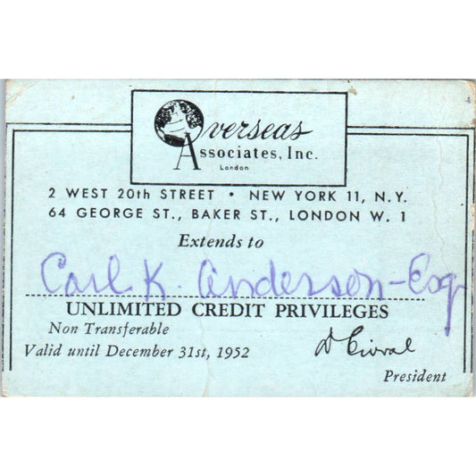 1952 Overseas Associates Travelers Credit Card London Obsolete SE5