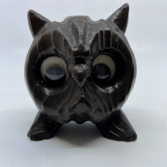 Vintage Cryptomeria Resin Carved Owl Figure Big Googly Wiggly Eyes 4x3” TI5