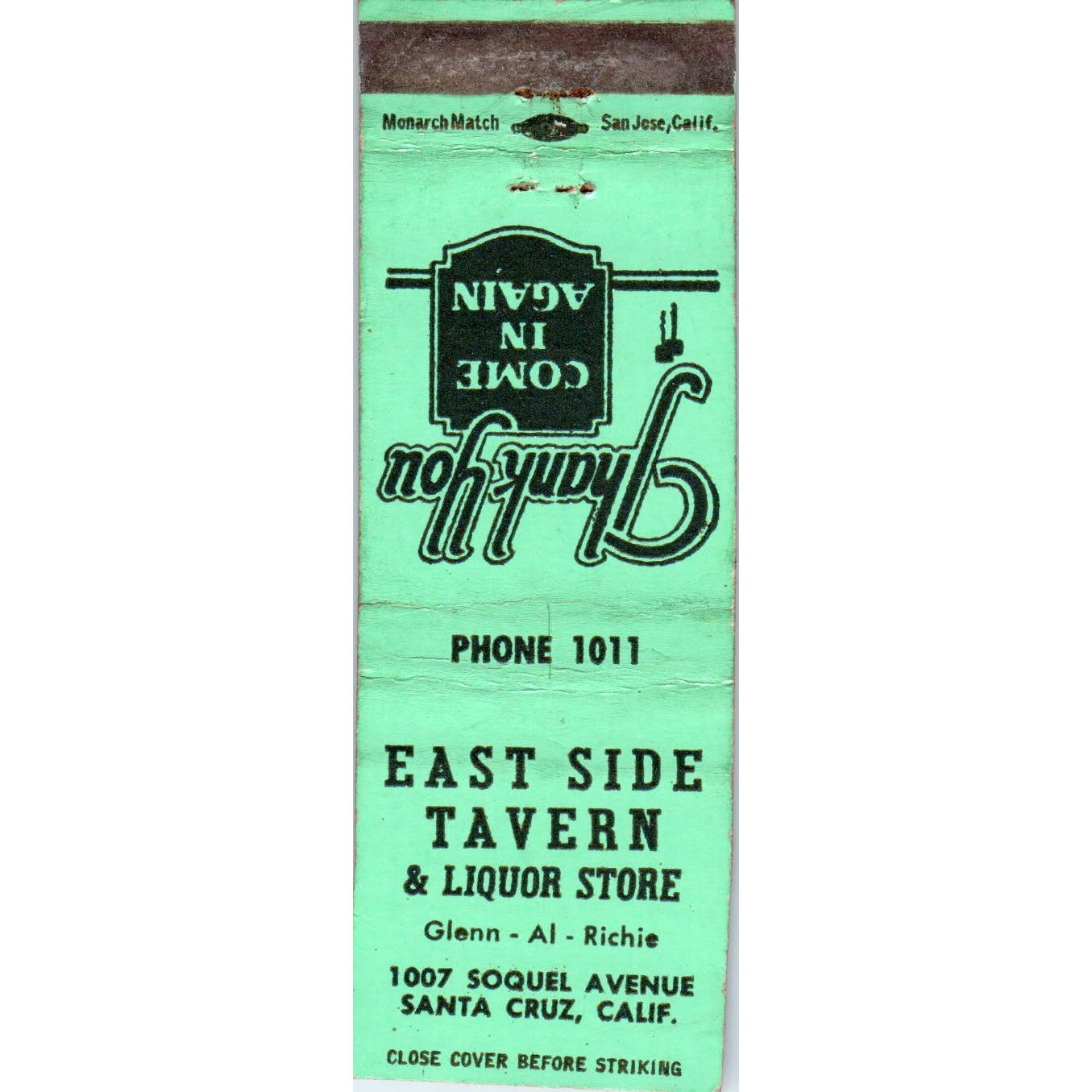 East Side Tavern Santa Cruz California Advertising Matchbook Cover SA9-M8