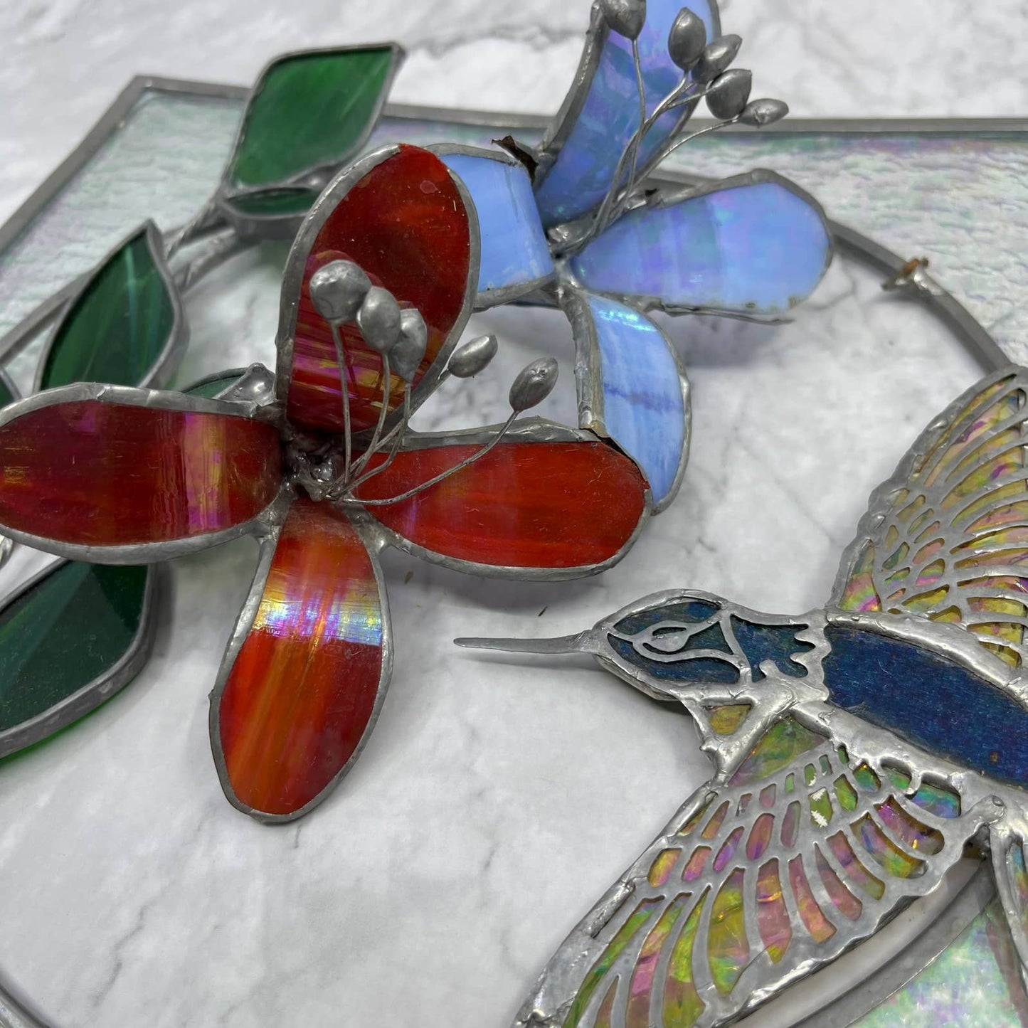 Vintage Stained Glass Sun Catcher 3D Hummingbird and Flowers 10.5” TA9