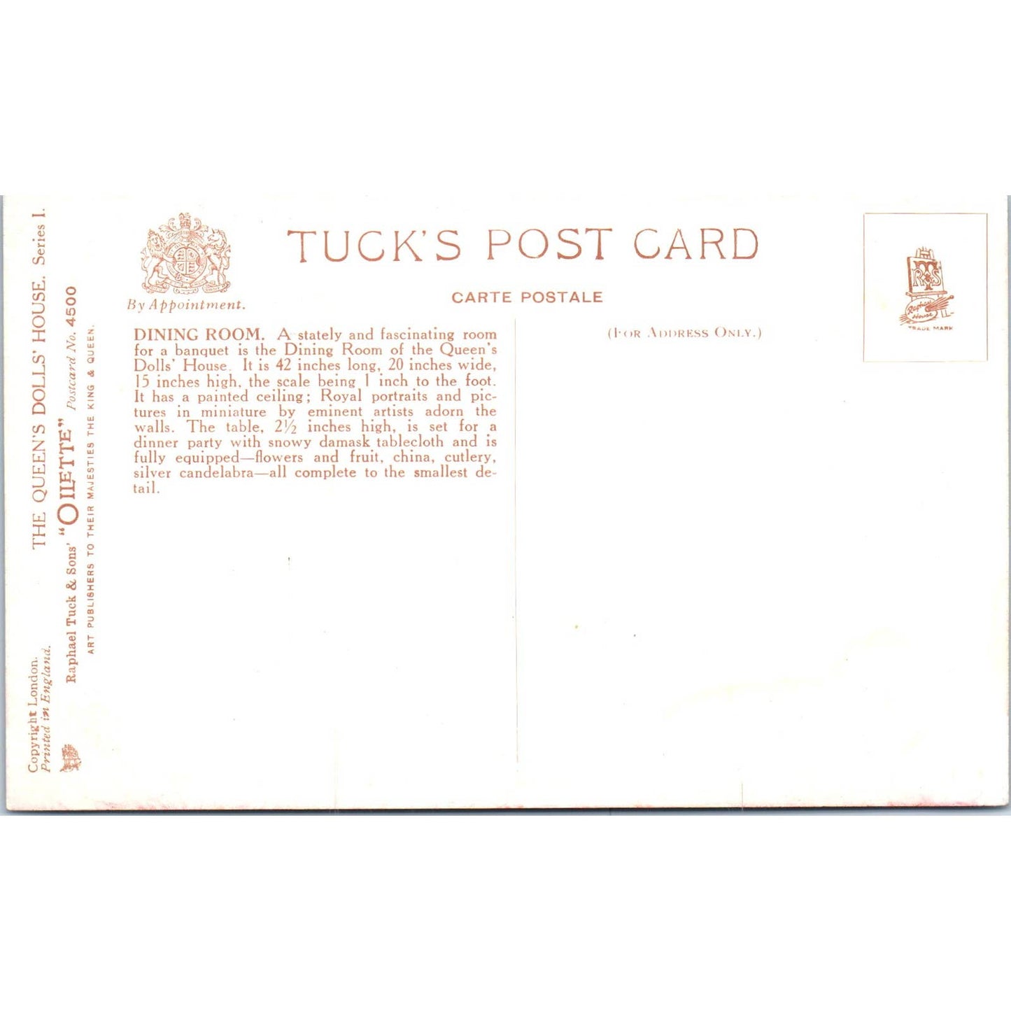 The Queen's Dollhouse Dining Room Raphael Tuck Oilette Original Postcard TK1-P17