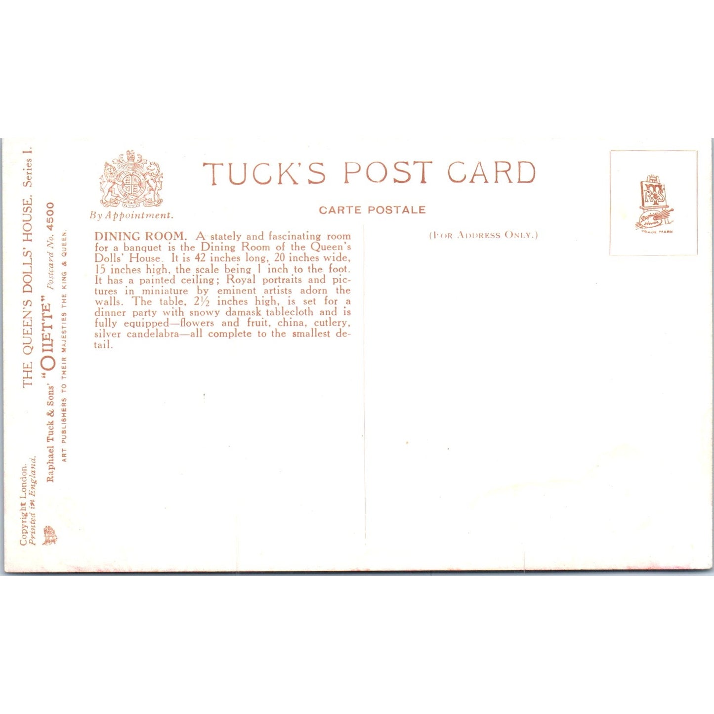The Queen's Dollhouse Dining Room Raphael Tuck Oilette Original Postcard P3-2