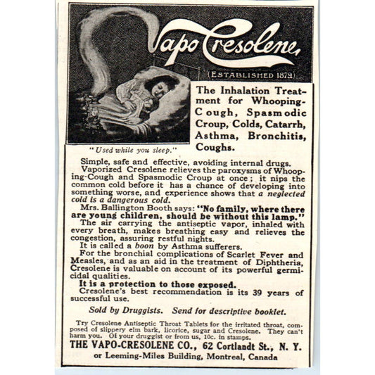 c1920 Harper's Magazine Ad Vapo Cresolene Cough Treatment Montreal Canada EA3-4