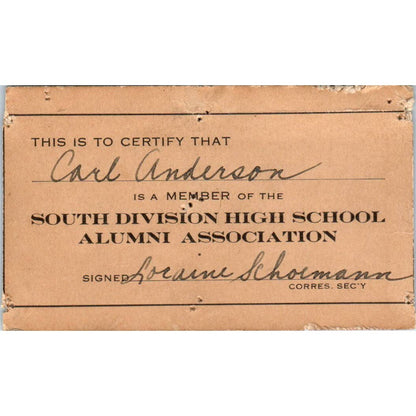 1930s South Division High School Alumni Association Member Card Milwaukee WI SE5