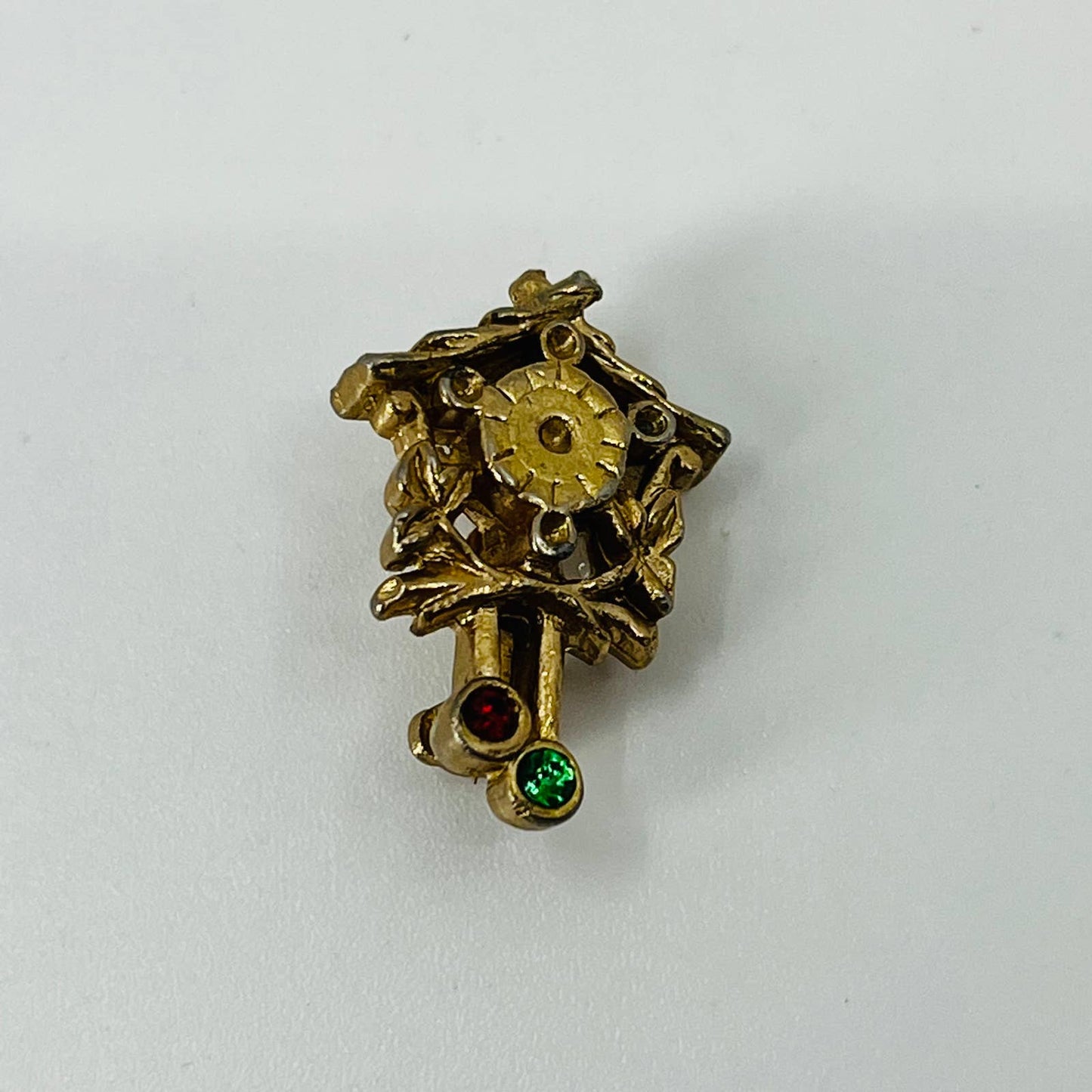 Vintage Tiny Cuckoo Clock With Rhinestone Gold Tone Pin Pinback Lapel Hat SB3