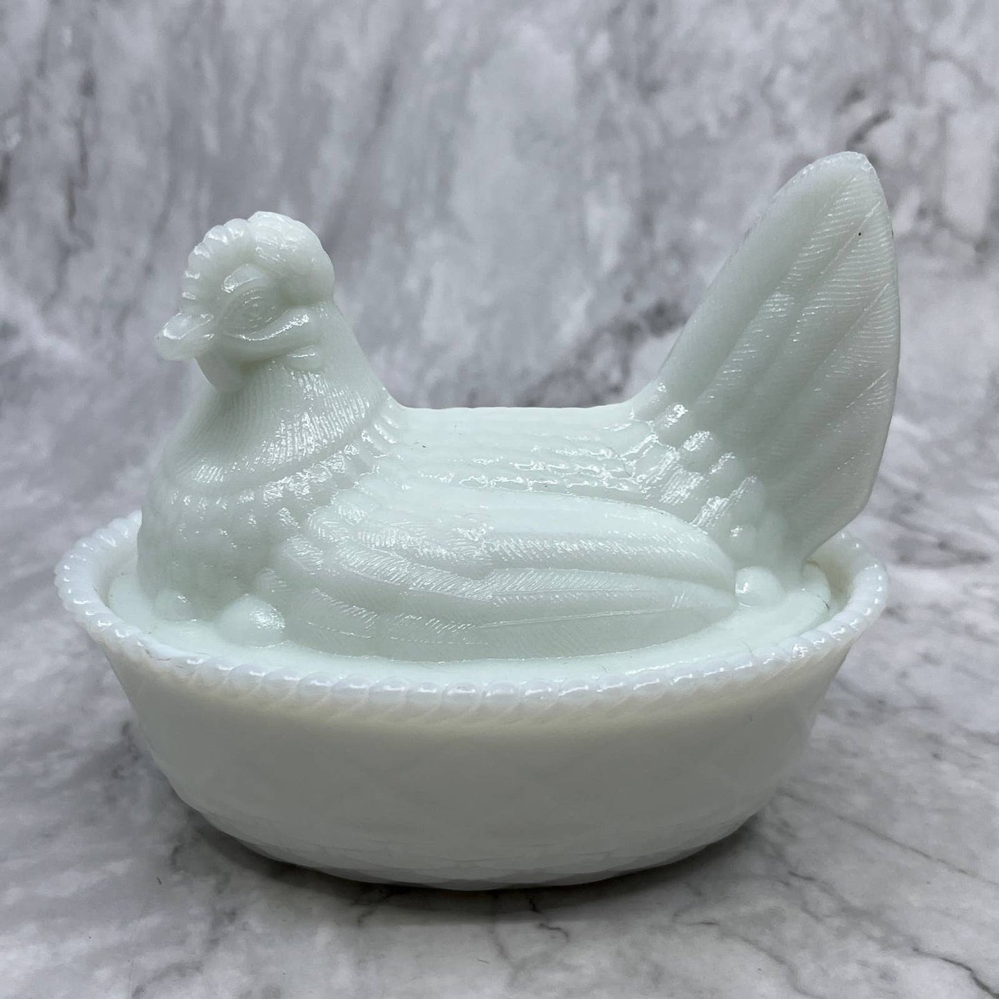 Westmorland Milk Glass Hen on Nest With Turned Head Woven Basket 5 1/2" Long TJ3