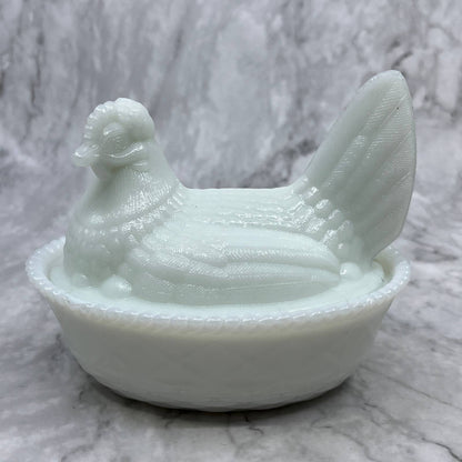 Westmorland Milk Glass Hen on Nest With Turned Head Woven Basket 5 1/2" Long TJ3