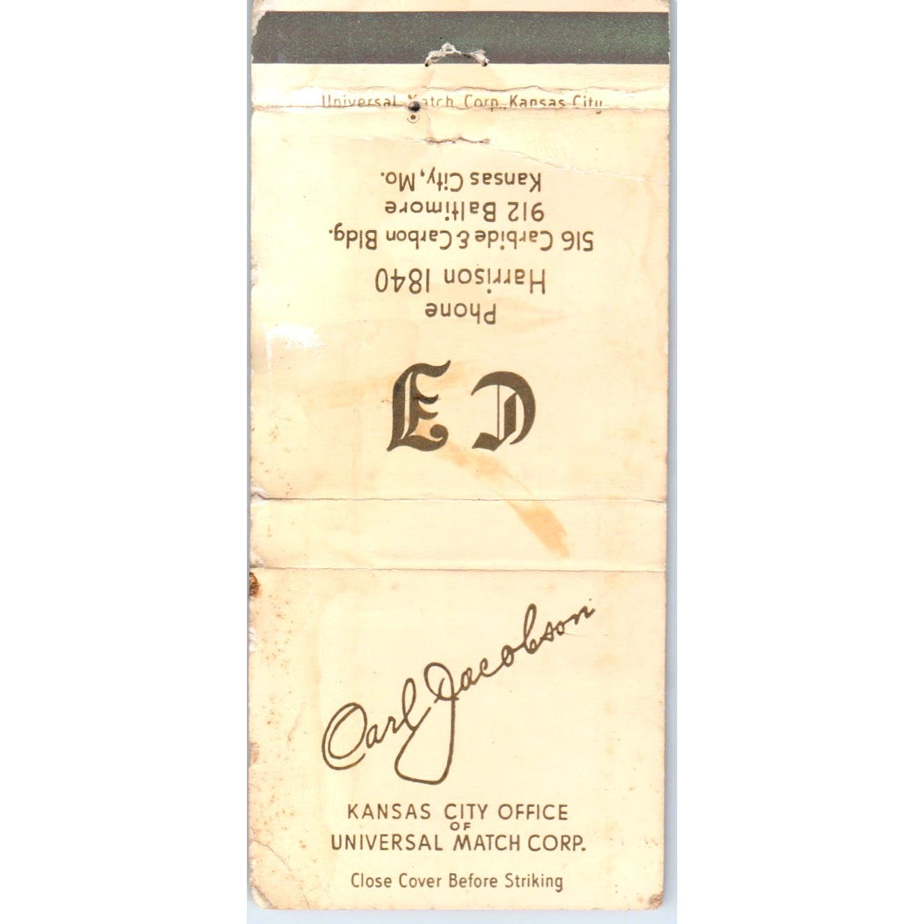 Universal Match Corp Carl Jacobson Kansas City MO Advertising Matchbook SA9-M4