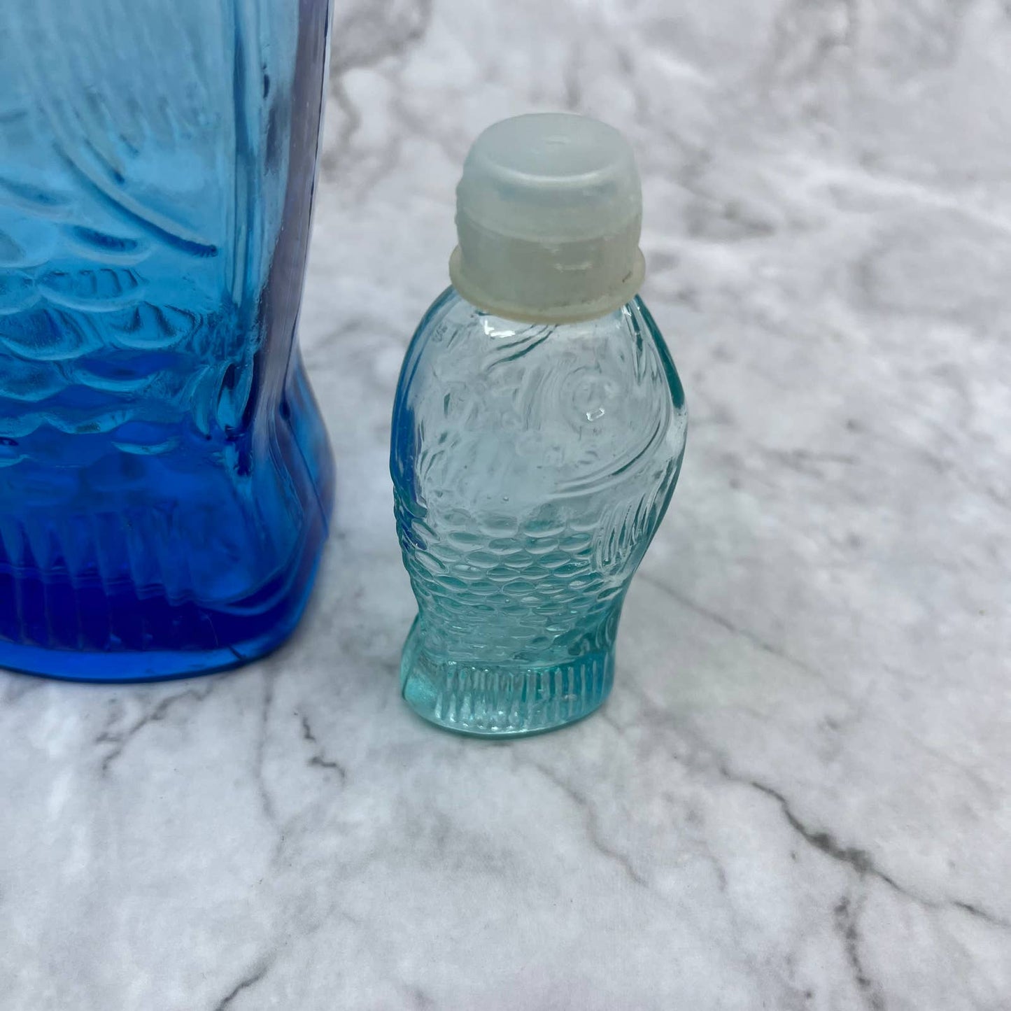 Dr Fisch's Bitters Aqua Large & Small Blue Bottle Decanter 7.5” & 3” Taiwan TD1