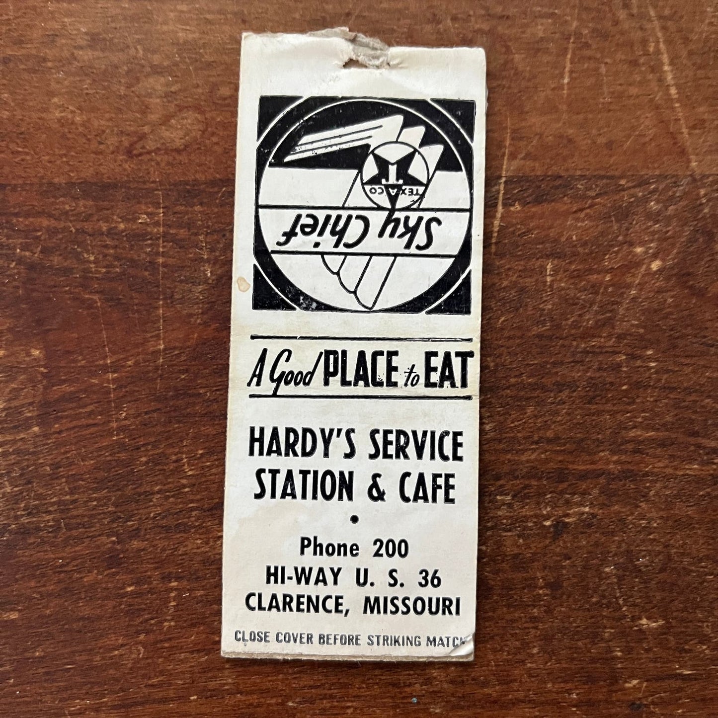 Hardy's Service Station & Cafe Clarence MO Advertising Matchbook Cover SA9-M12