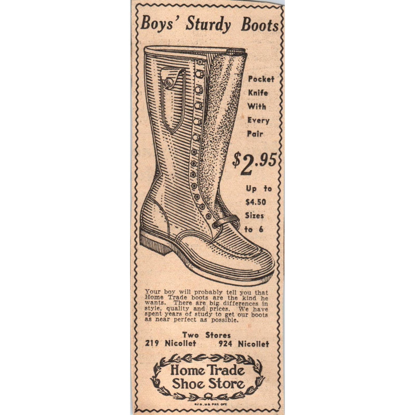 1935 Mpls Journal Newspaper Ad Home Trade Shoe Store Boys' Sturdy Boots FL5-4