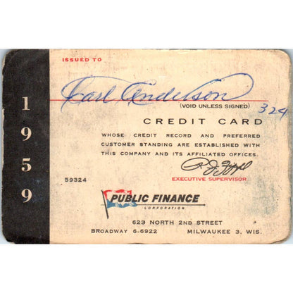 1959 Public Finance Corporation Credit Card Milwaukee Obsolete SE5-2
